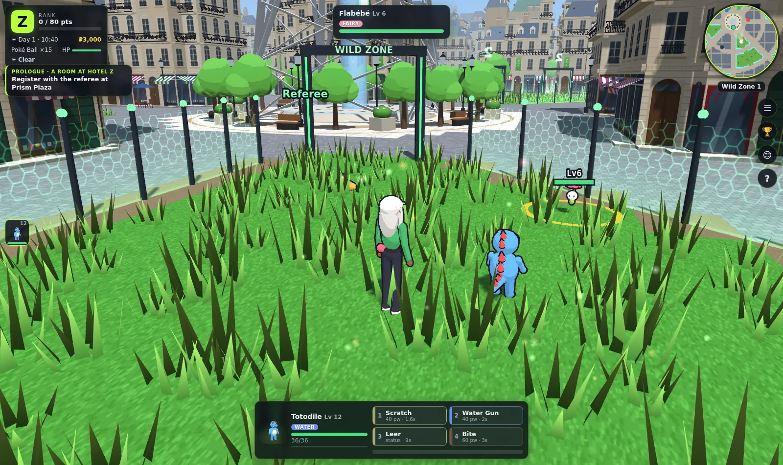 Totodile battling a wild Flabébé in the tall grass of Wild Zone 1, with Prism Tower behind