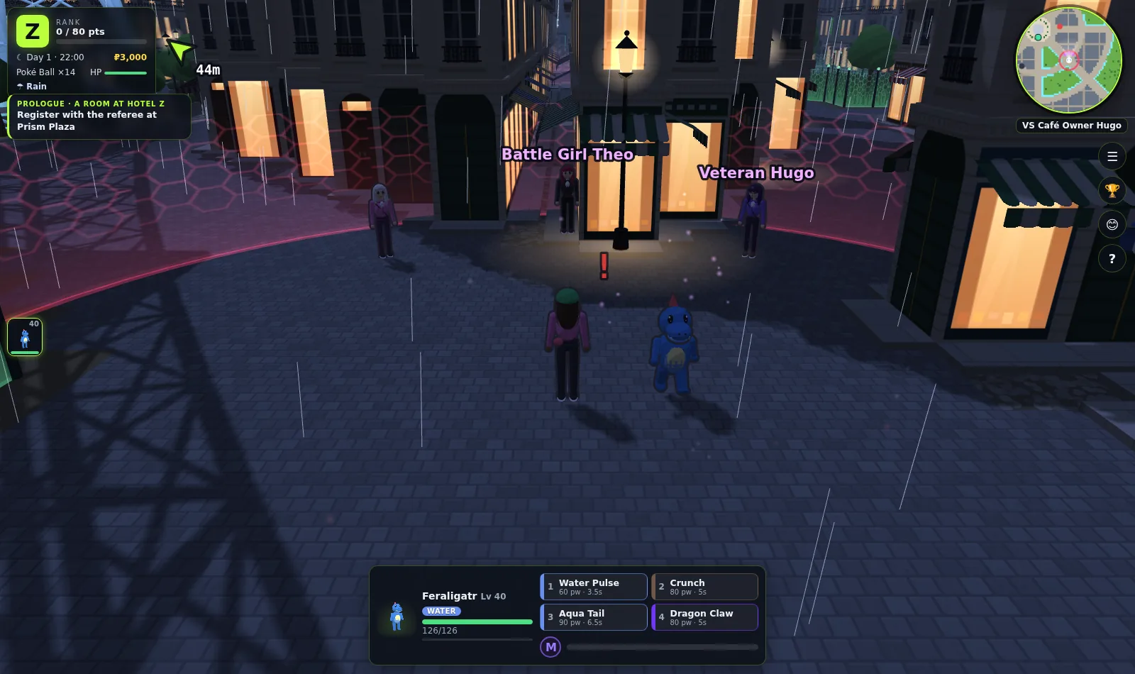 Night in 3D Lumiose City: Feraligatr and its trainer walk into a red holographic Battle Zone where Z-A Royale trainers wait