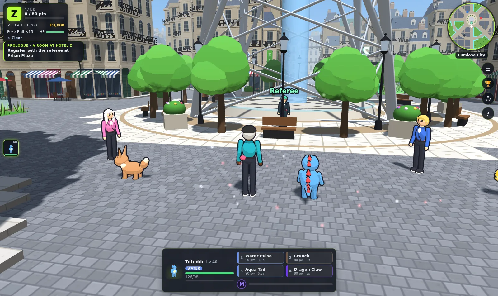Three trainers with their Pikachu, Eevee and Totodile in Prism Plaza